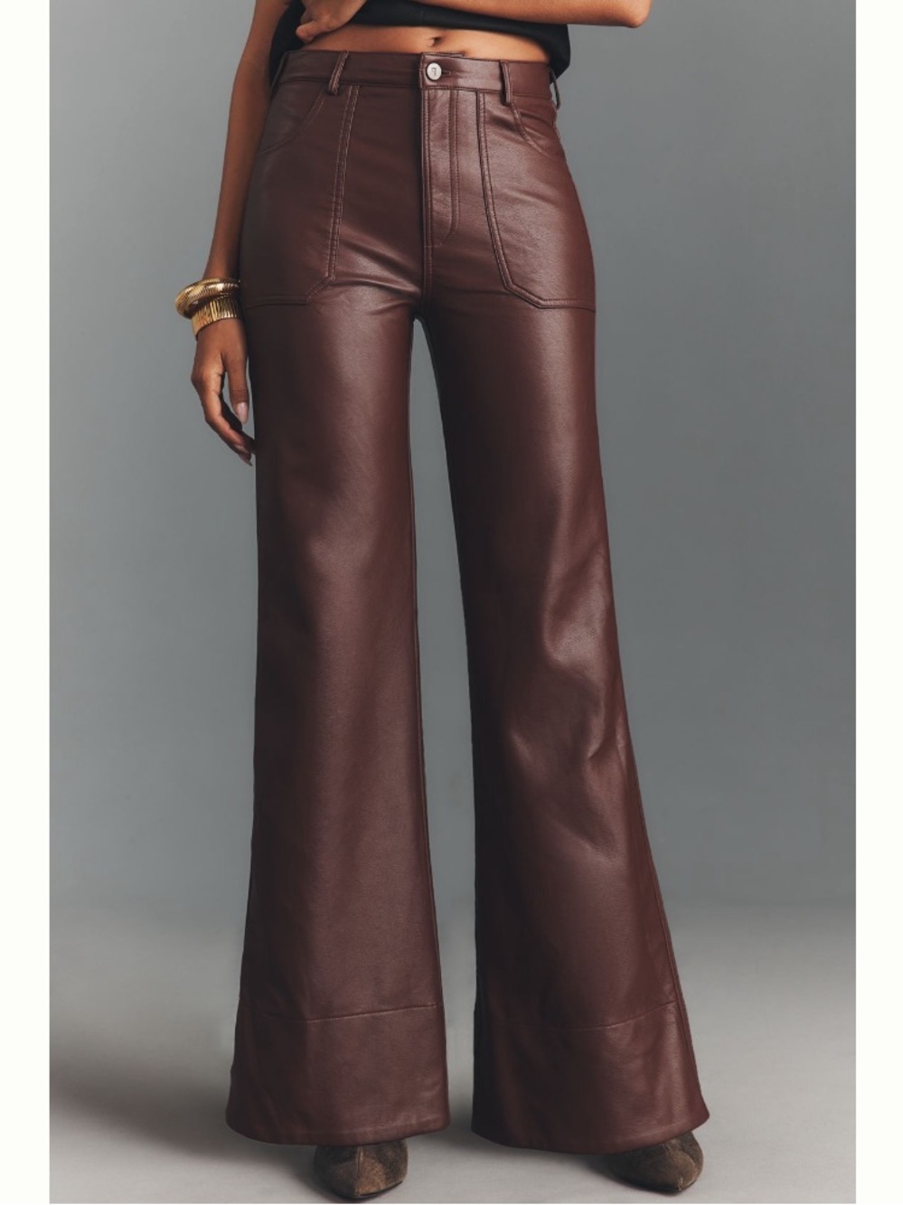 🟠NWT PILCRO Rylan Faux Leather Relaxed High-Rise Flare Pants Cocoa Plum - Picture 3 of 11